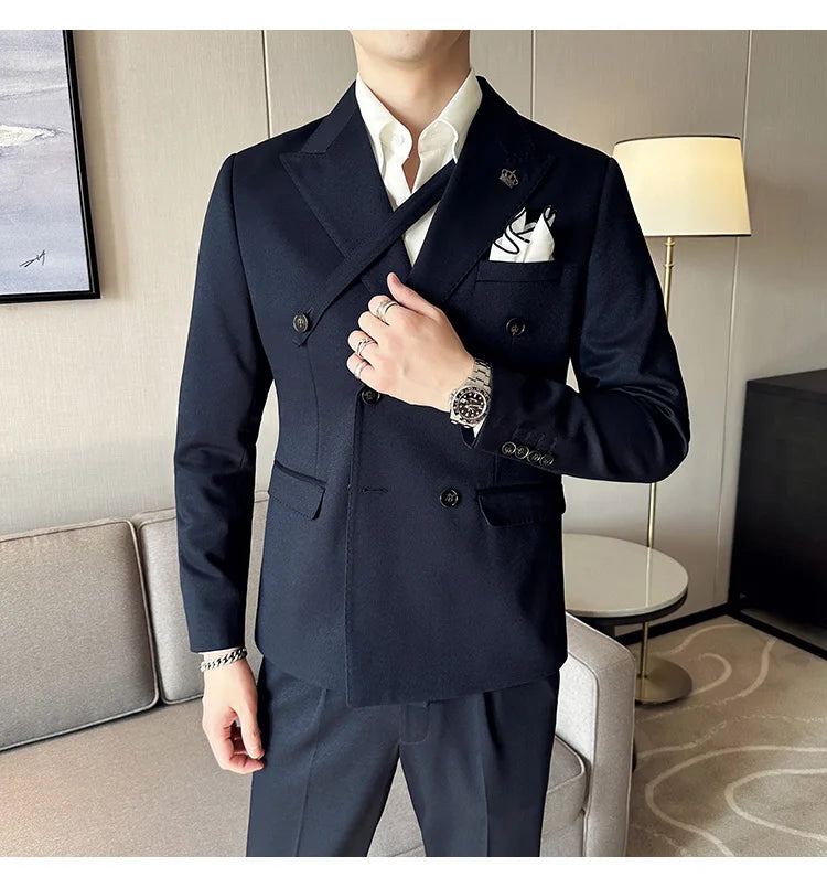 (Jackets+Pant) Latest Design Double Breasted Men Suit Dark green Groom Wedding Stage Tuxedo Man Slim Fit Business Social Suits