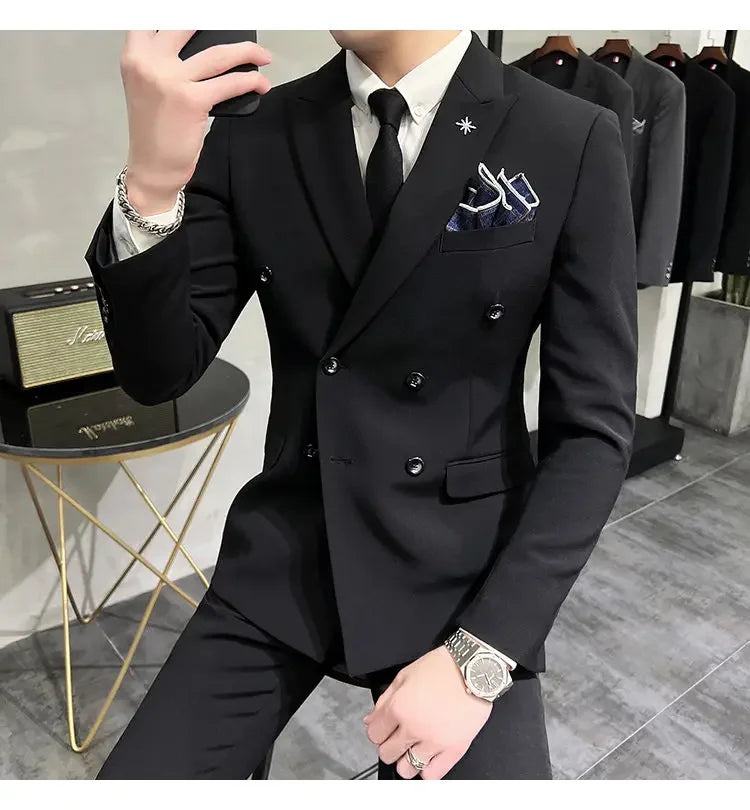 ( Jacket + Pants ) Brand Solid Color Formal Casual Business Office Double Buttons Suit Two-pcs Set Groom Wedding Dress Party