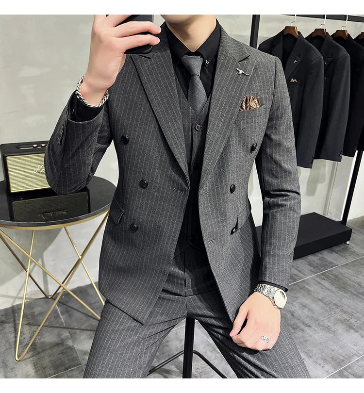 in black Fashion New Men's Boutique Business Slim Wedding Striped Double Breasted Suit Blazers Jacket Pants Trousers Vest 3 Pcs Set