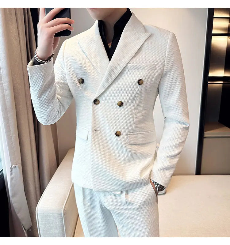 ( Jacket + Pant )Double-breasted Waffle Business Suit Men Wedding Prom Party Blazers and Trouser Homme Slim Fit Tuxedo Dress Set