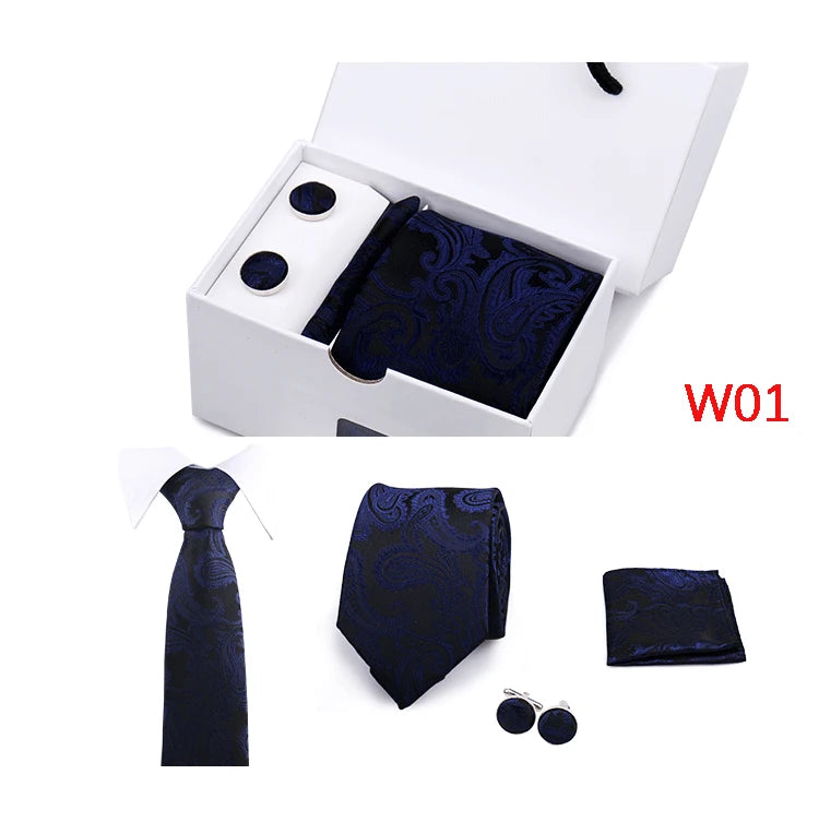 IN BLACK Mens Tie Set In A Box Paisley Ties For Men Gifts Luxury Necktie Pocket Square Cufflinks Wedding Business Formal Suit Tie