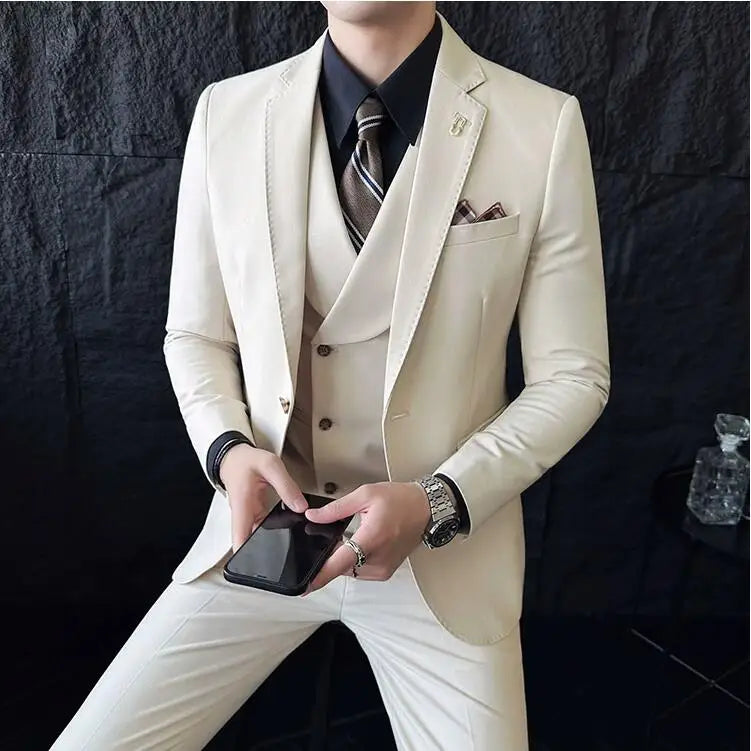 (Jackets+Pants+Vest) High Quality Men Slim Fit Party Tuxedos 3 Pieces Fashion Double Breasted Vest Design Business Wedding Suit