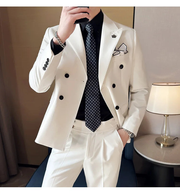 (Jackets+Pant) Latest Design Double Breasted Men Suit Dark green Groom Wedding Stage Tuxedo Man Slim Fit Business Social Suits