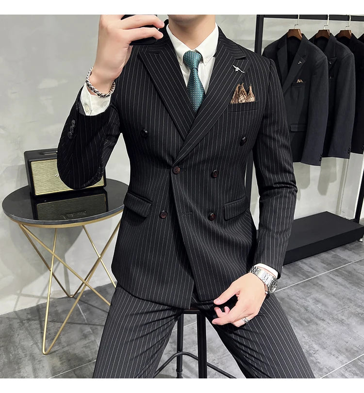 in black Fashion New Men's Boutique Business Slim Wedding Striped Double Breasted Suit Blazers Jacket Pants Trousers Vest 3 Pcs Set