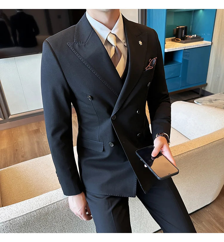 (Jacket + Trousers) Fashion Double Breasted Design Slim Men's Suit Italian Style Luxury Wedding Social Party Tuxedo 2 Piece Sets