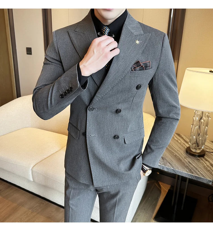 (Jacket + Trousers) Fashion Double Breasted Design Slim Men's Suit Italian Style Luxury Wedding Social Party Tuxedo 2 Piece Sets