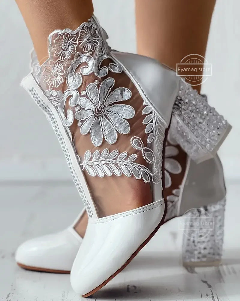 Women's Boots Floral Embroidery Clear Chunky Heel Boots Hollow Lace Chunky Heel Ankle Back Zip High Heels Bota Verano Mujer