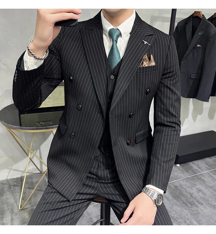 in black Fashion New Men's Boutique Business Slim Wedding Striped Double Breasted Suit Blazers Jacket Pants Trousers Vest 3 Pcs Set