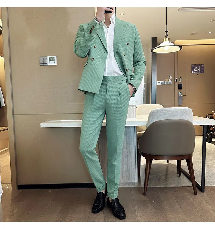 ( Jacket + Pant )Double-breasted Waffle Business Suit Men Wedding Prom Party Blazers and Trouser Homme Slim Fit Tuxedo Dress Set