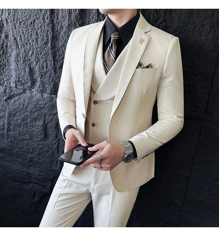 (Jackets+Pants+Vest) High Quality Men Slim Fit Party Tuxedos 3 Pieces Fashion Double Breasted Vest Design Business Wedding Suit