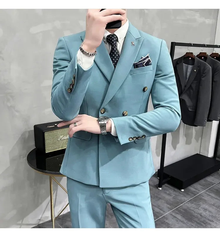 ( Jacket + Pants ) Brand Solid Color Formal Casual Business Office Double Buttons Suit Two-pcs Set Groom Wedding Dress Party