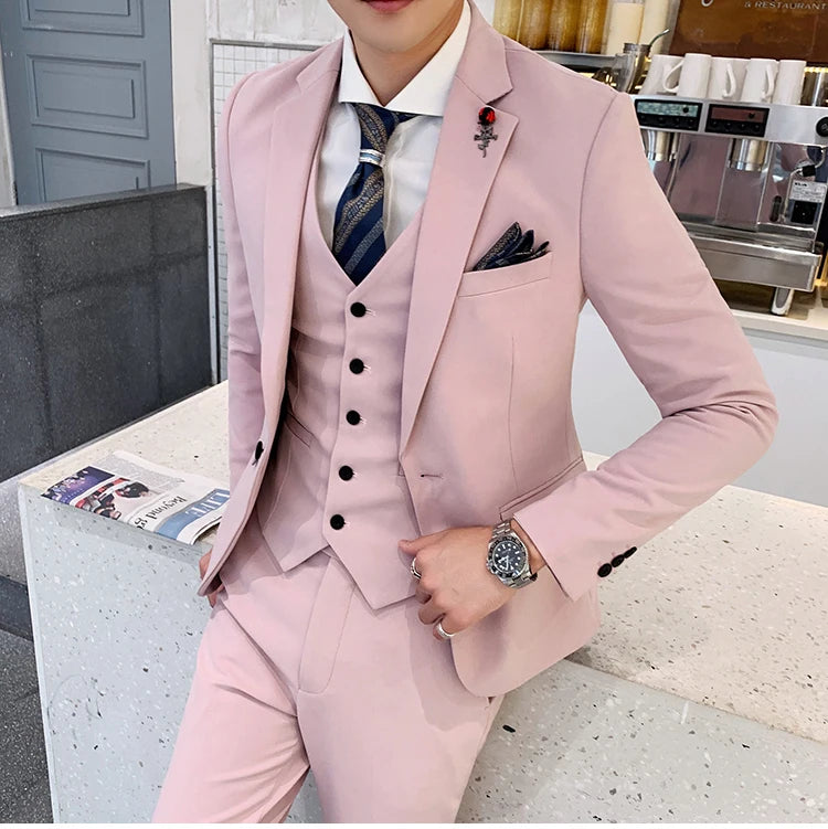 (Jacket +Vest+Pants) 2024 New Mens Wedding Suits Groom Solid Color Formal Office Business Slim Fit Suit Tuxedos 3-Pieces Set