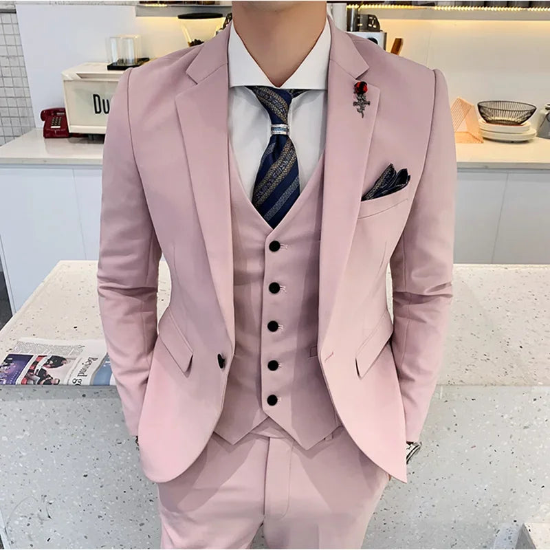 (Jacket +Vest+Pants) 2024 New Mens Wedding Suits Groom Solid Color Formal Office Business Slim Fit Suit Tuxedos 3-Pieces Set