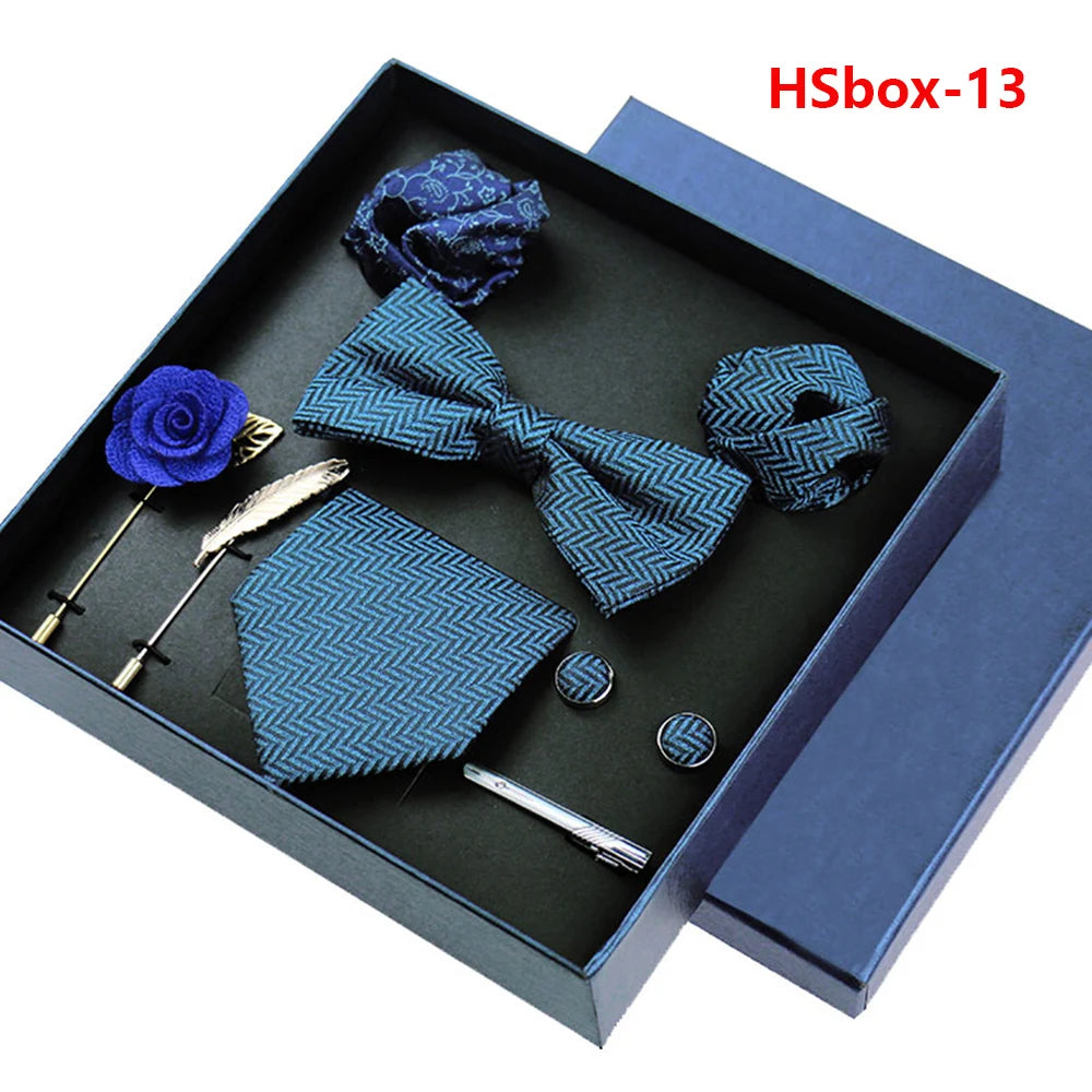 Set Bussiness Blue Ties For Mans Floral Brooches Pin Cufflinks Tie Clips Butterfly Bowtie Wedding Accessori Gift Box Set