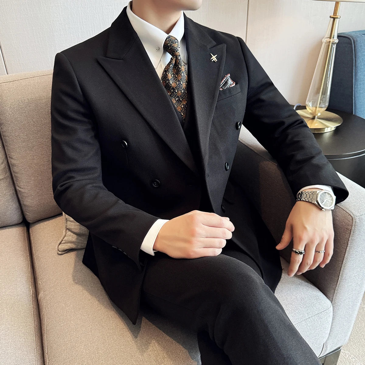 (Jacket+Vest+Pant) Autumn Winter Thickened Woolen Suit  New High Quality Slim Business Tuxedo Fashion Wedding Social Suits