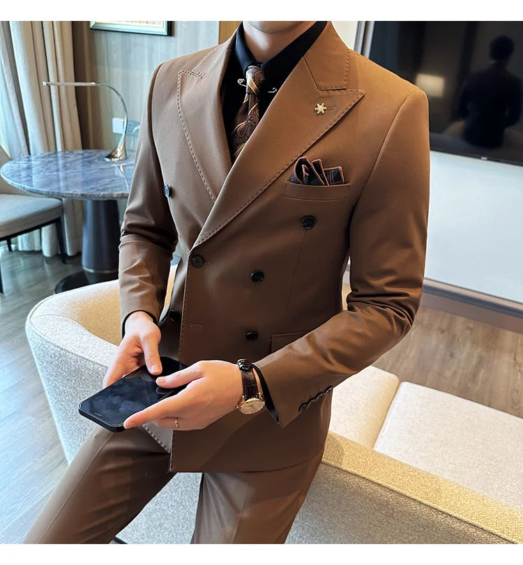 (Jacket + Trousers) Fashion Double Breasted Design Slim Men's Suit Italian Style Luxury Wedding Social Party Tuxedo 2 Piece Sets