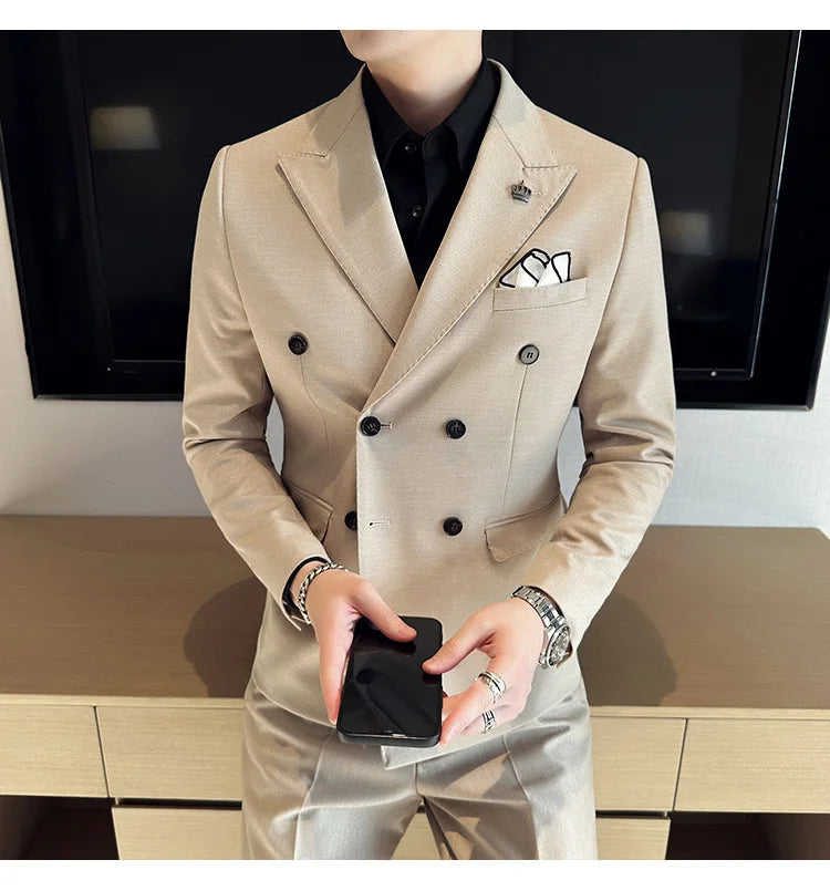 (Jackets+Pant) Latest Design Double Breasted Men Suit Dark green Groom Wedding Stage Tuxedo Man Slim Fit Business Social Suits