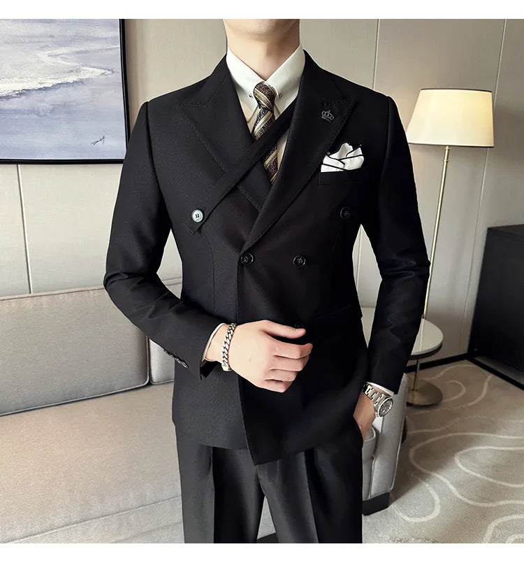 (Jackets+Pant) Latest Design Double Breasted Men Suit Dark green Groom Wedding Stage Tuxedo Man Slim Fit Business Social Suits