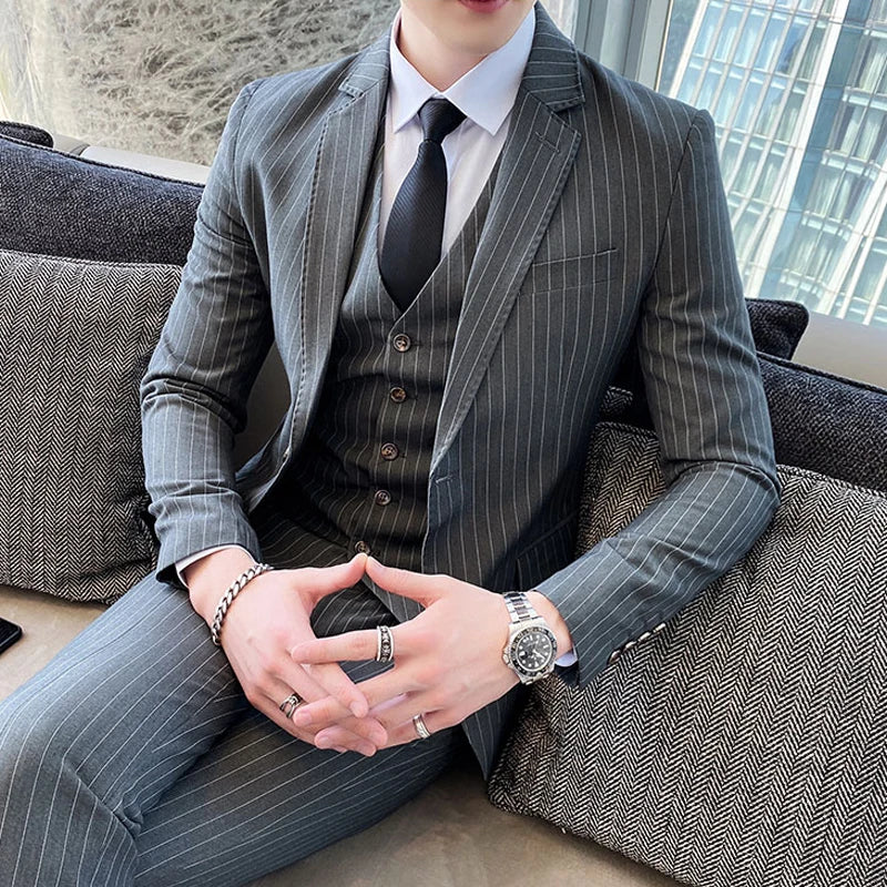 ( Jacket + Vest + Pants ) Prom Groom Tuxedos Latest Designs Male Wedding Suits 3Pcs Set Men's striped casual business suit