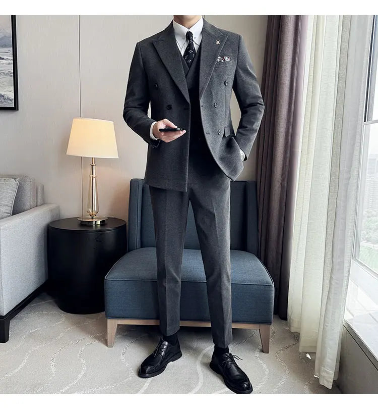 (Jacket+Vest+Pant) Autumn Winter Thickened Woolen Suit  New High Quality Slim Business Tuxedo Fashion Wedding Social Suits