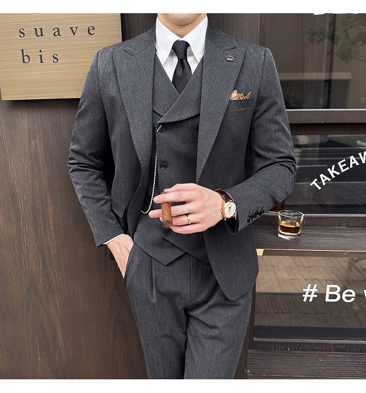 (Jackets+Pants+Vest) High Quality Men Slim Fit Party Tuxedos 3 Pieces Fashion Double Breasted Vest Design Wedding Social Suit