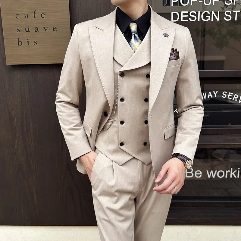 (Jackets+Pants+Vest) High Quality Men Slim Fit Party Tuxedos 3 Pieces Fashion Double Breasted Vest Design Wedding Social Suit