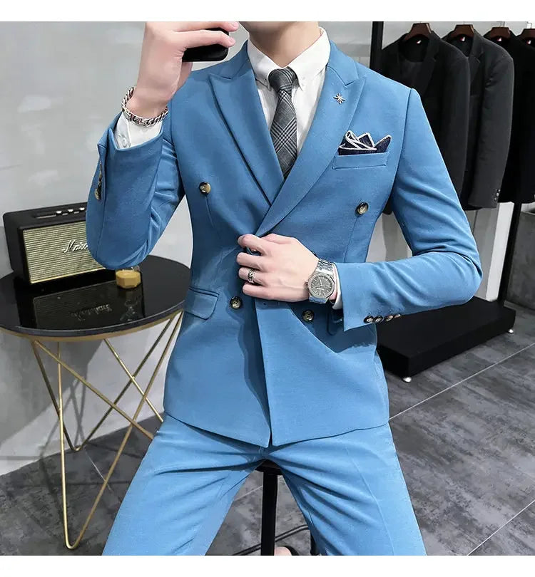 ( Jacket + Pants ) Brand Solid Color Formal Casual Business Office Double Buttons Suit Two-pcs Set Groom Wedding Dress Party