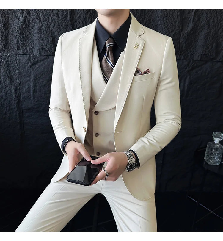 (Jackets+Pants+Vest) High Quality Men Slim Fit Party Tuxedos 3 Pieces Fashion Double Breasted Vest Design Business Wedding Suit