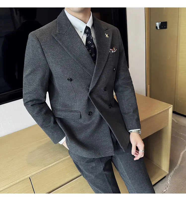 (Jacket+Vest+Pant) Autumn Winter Thickened Woolen Suit  New High Quality Slim Business Tuxedo Fashion Wedding Social Suits