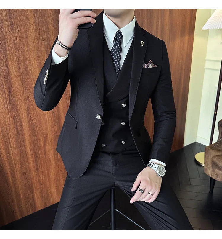 (Jackets+Pants+Vest) High Quality Men Slim Fit Party Tuxedos 3 Pieces Fashion Double Breasted Vest Design Business Wedding Suit