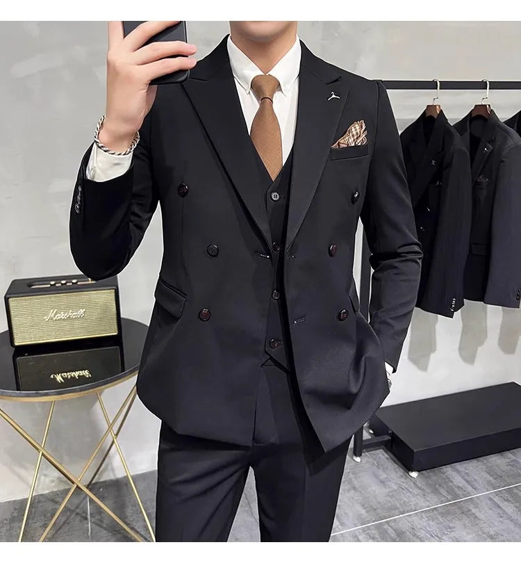 in black Fashion New Men's Boutique Business Slim Wedding Striped Double Breasted Suit Blazers Jacket Pants Trousers Vest 3 Pcs Set