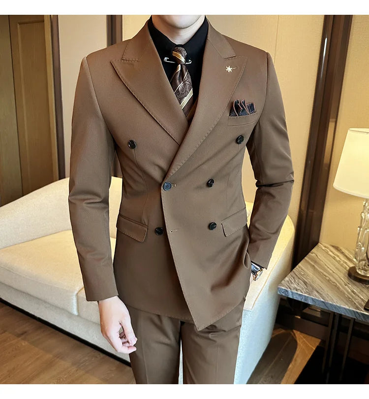 (Jacket + Trousers) Fashion Double Breasted Design Slim Men's Suit Italian Style Luxury Wedding Social Party Tuxedo 2 Piece Sets