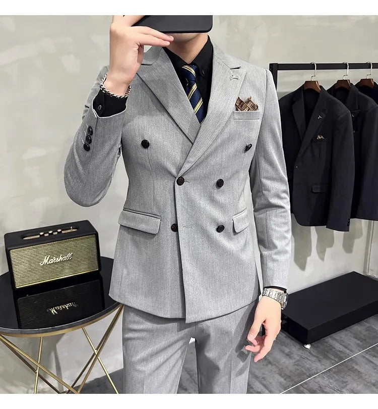 in black Fashion New Men's Boutique Business Slim Wedding Striped Double Breasted Suit Blazers Jacket Pants Trousers Vest 3 Pcs Set