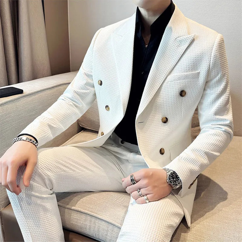 ( Jacket + Pant )Double-breasted Waffle Business Suit Men Wedding Prom Party Blazers and Trouser Homme Slim Fit Tuxedo Dress Set