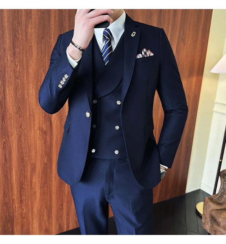 (Jackets+Pants+Vest) High Quality Men Slim Fit Party Tuxedos 3 Pieces Fashion Double Breasted Vest Design Business Wedding Suit