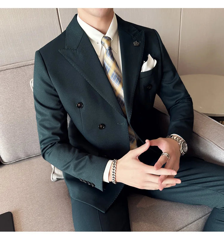 (Jackets+Pant) Latest Design Double Breasted Men Suit Dark green Groom Wedding Stage Tuxedo Man Slim Fit Business Social Suits