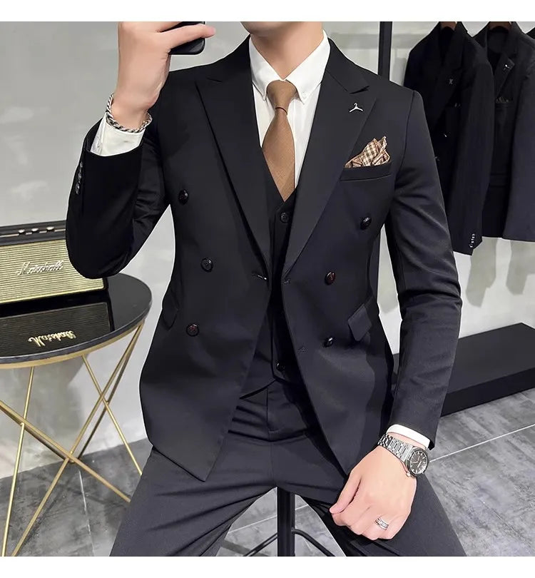 in black Fashion New Men's Boutique Business Slim Wedding Striped Double Breasted Suit Blazers Jacket Pants Trousers Vest 3 Pcs Set