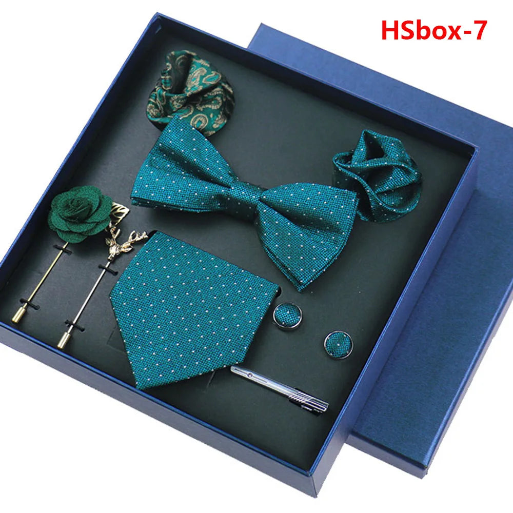 Set Bussiness Blue Ties For Mans Floral Brooches Pin Cufflinks Tie Clips Butterfly Bowtie Wedding Accessori Gift Box Set