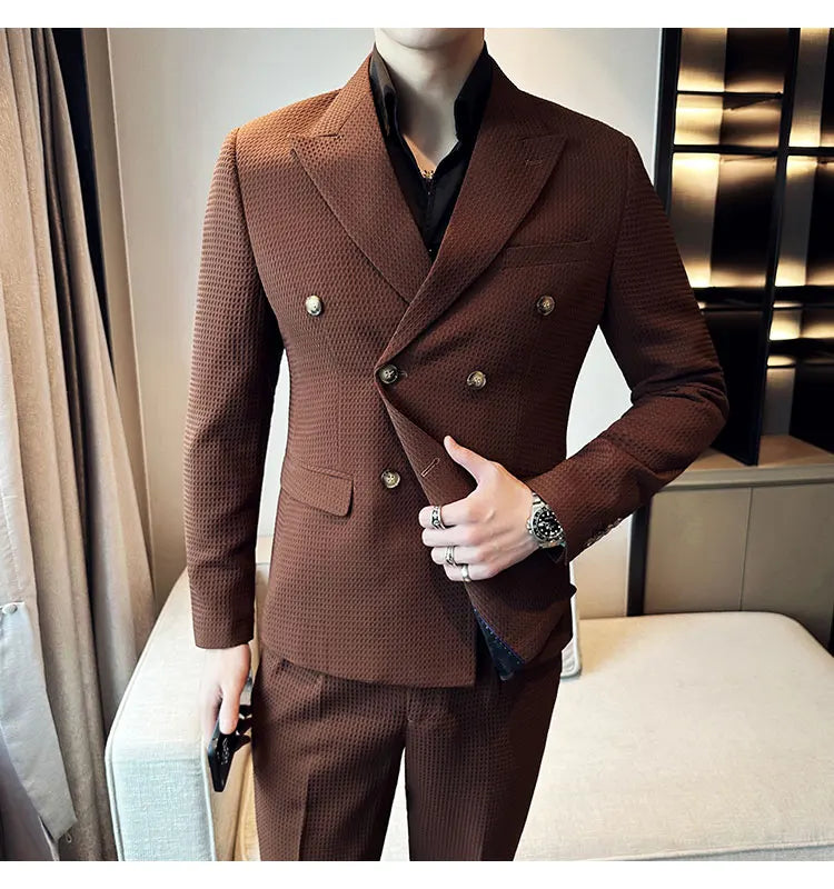 ( Jacket + Pant )Double-breasted Waffle Business Suit Men Wedding Prom Party Blazers and Trouser Homme Slim Fit Tuxedo Dress Set