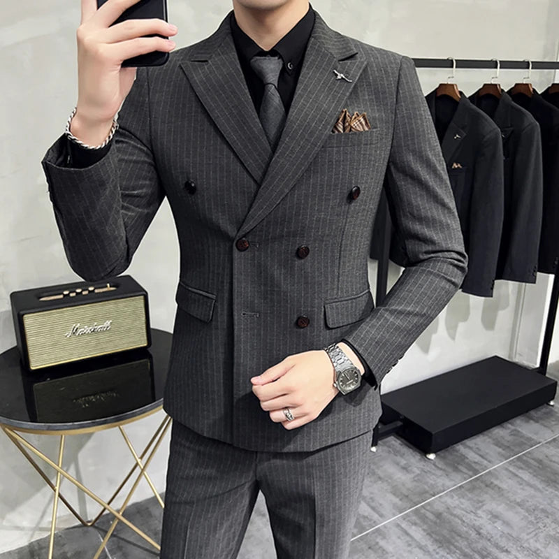 in black Fashion New Men's Boutique Business Slim Wedding Striped Double Breasted Suit Blazers Jacket Pants Trousers Vest 3 Pcs Set