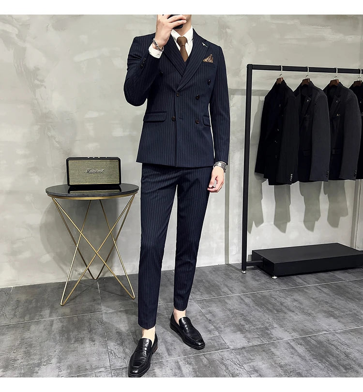 in black Fashion New Men's Boutique Business Slim Wedding Striped Double Breasted Suit Blazers Jacket Pants Trousers Vest 3 Pcs Set