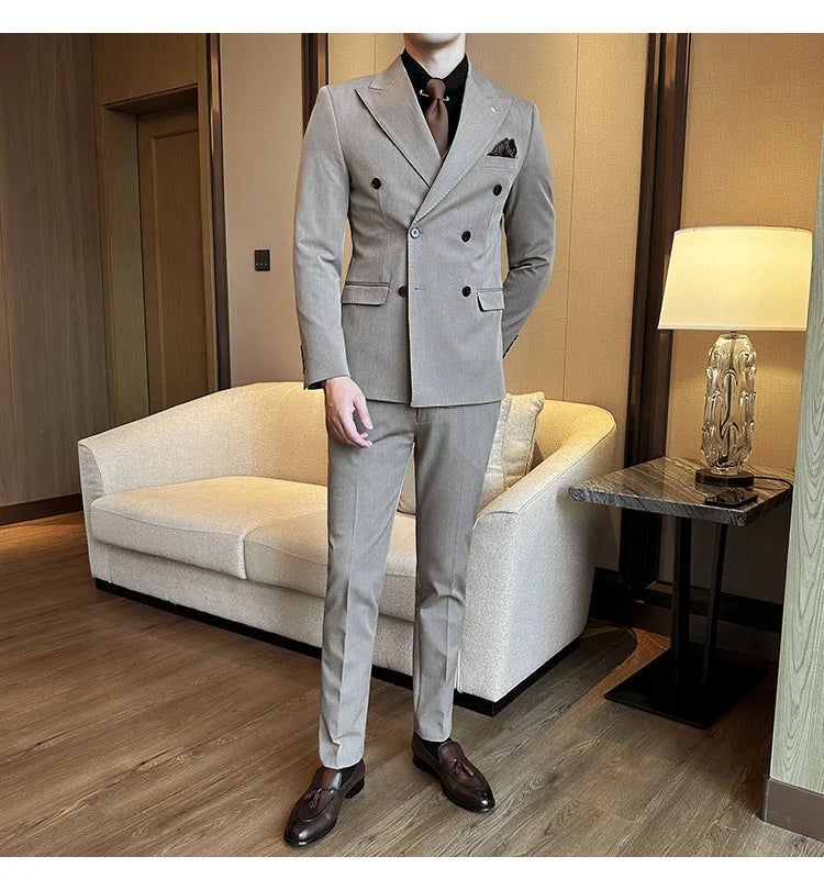 (Jacket + Trousers) Fashion Double Breasted Design Slim Men's Suit Italian Style Luxury Wedding Social Party Tuxedo 2 Piece Sets