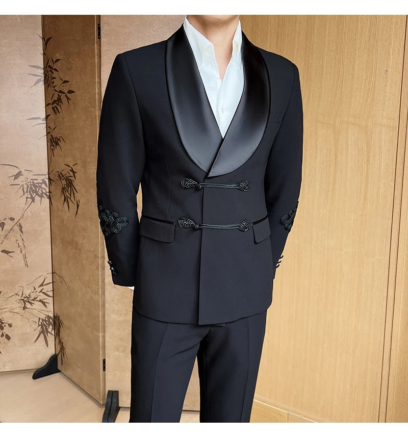 (Jacket+Pants) Vintage Luxury Chinese Style Marriage Suit Fashion High-end Slim Fit Groom Wedding Tuxedo Mens Suit 2 Piece Set