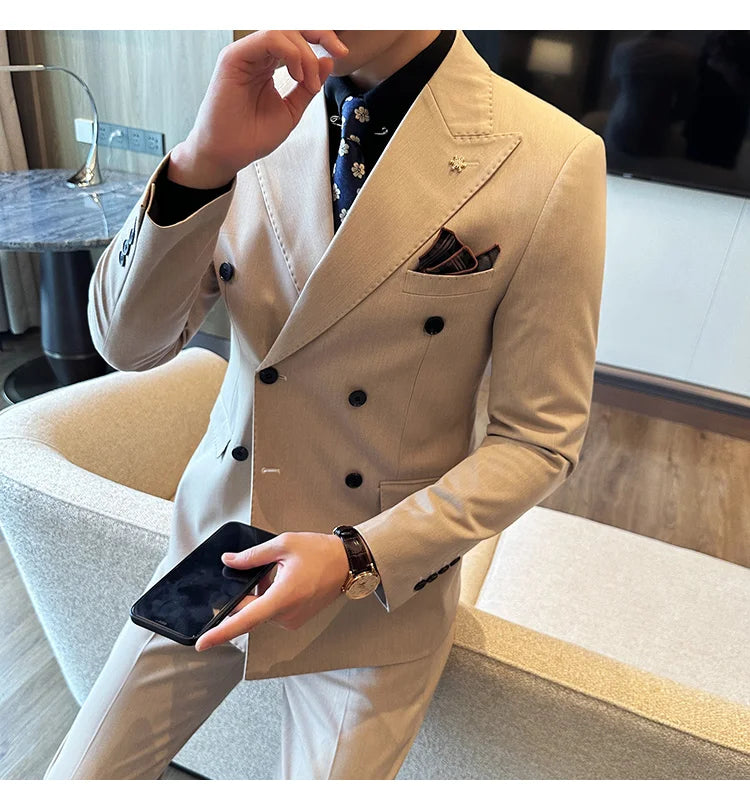 (Jacket + Trousers) Fashion Double Breasted Design Slim Men's Suit Italian Style Luxury Wedding Social Party Tuxedo 2 Piece Sets