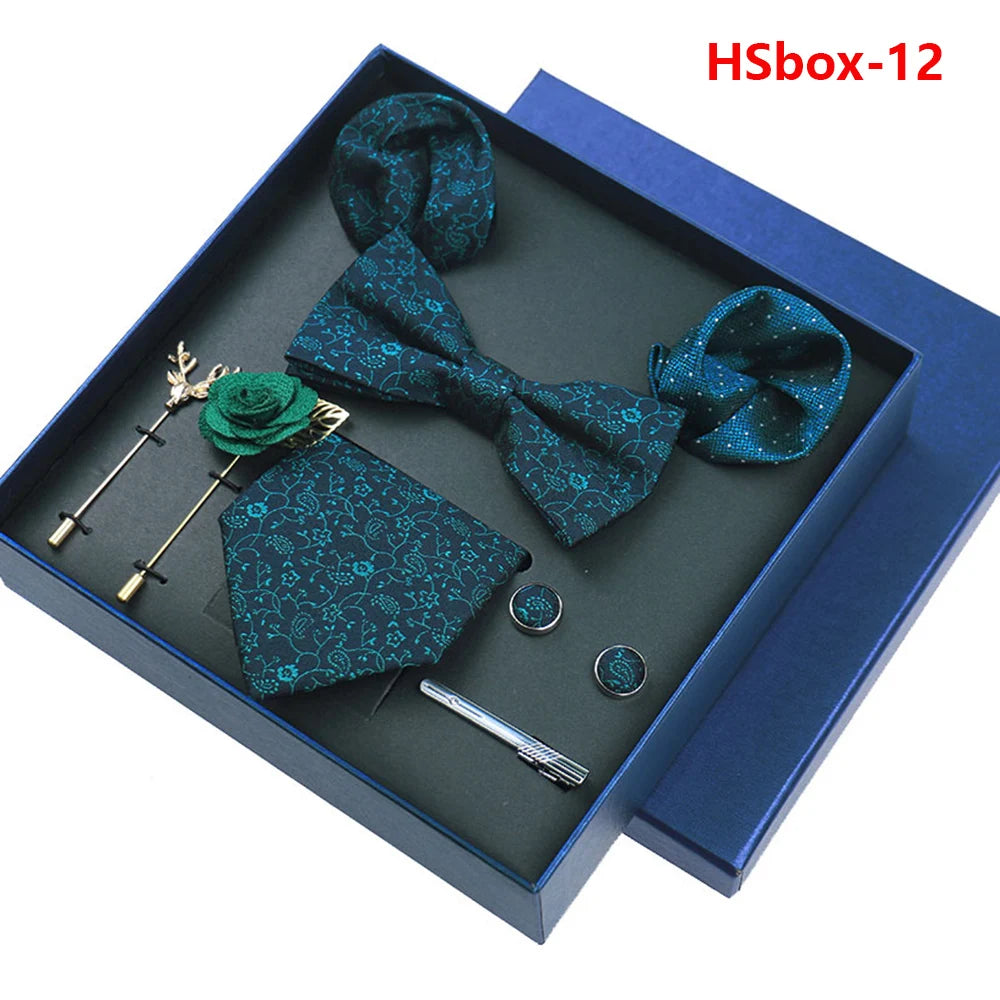 Set Bussiness Blue Ties For Mans Floral Brooches Pin Cufflinks Tie Clips Butterfly Bowtie Wedding Accessori Gift Box Set