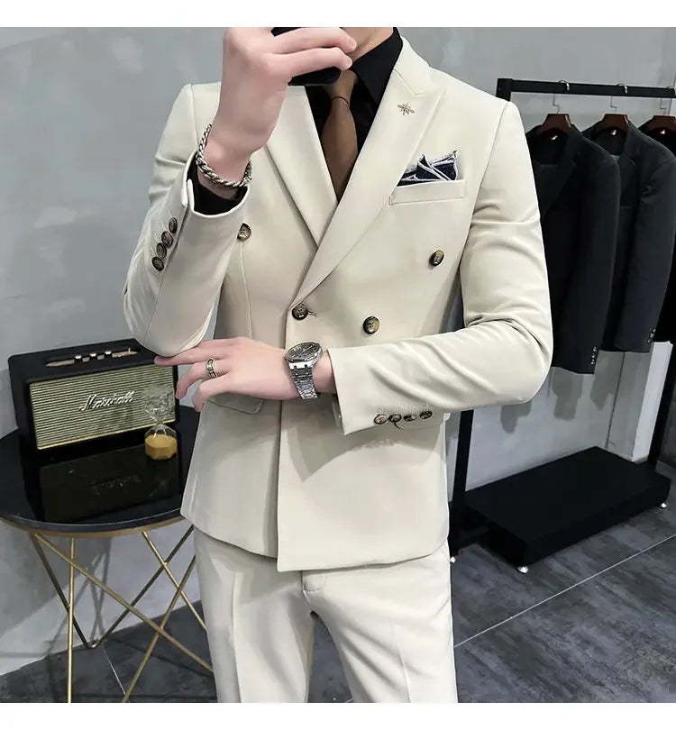 ( Jacket + Pants ) Brand Solid Color Formal Casual Business Office Double Buttons Suit Two-pcs Set Groom Wedding Dress Party