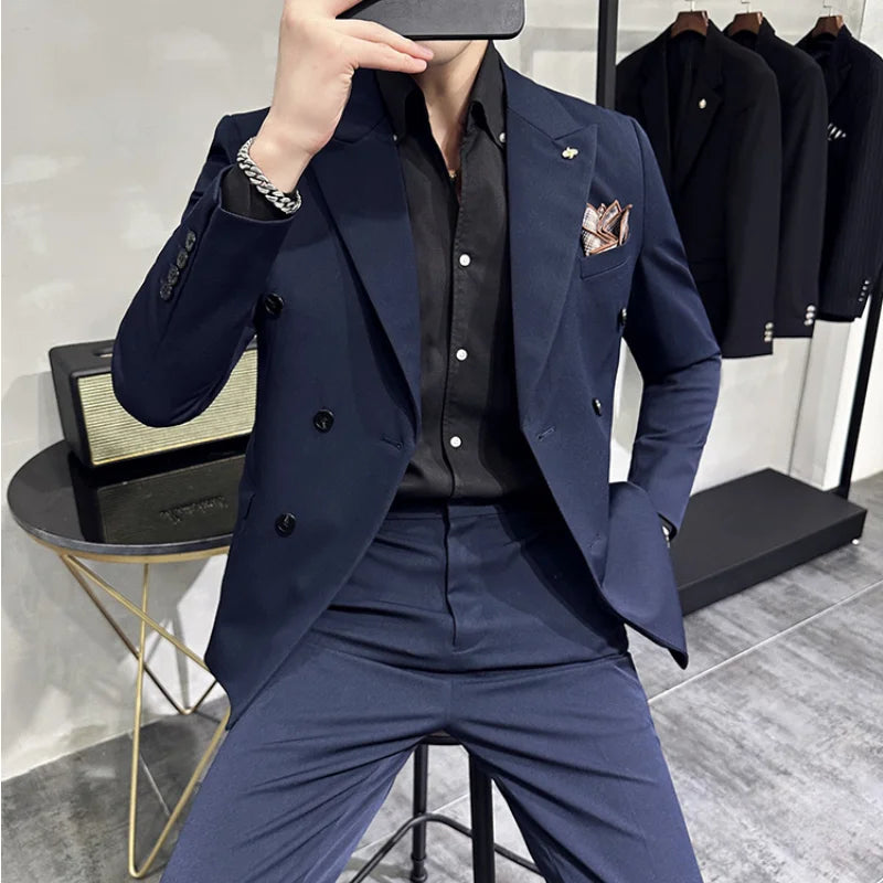 Men's Classic Double-breasted Suit Suit (suit+pants) 7XL-S Men's Luxury Fashion Wedding Banquet Social Suit Business Suit 2 Sets