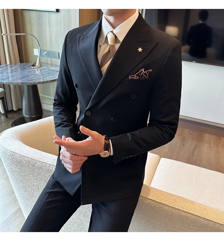 (Jacket + Trousers) Fashion Double Breasted Design Slim Men's Suit Italian Style Luxury Wedding Social Party Tuxedo 2 Piece Sets