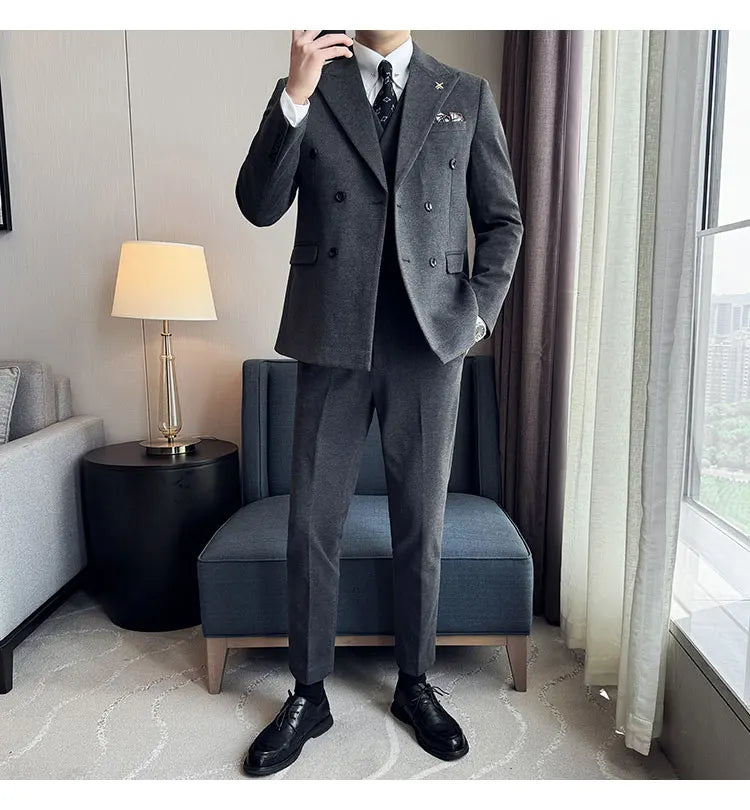 (Jacket+Vest+Pant) Autumn Winter Thickened Woolen Suit  New High Quality Slim Business Tuxedo Fashion Wedding Social Suits