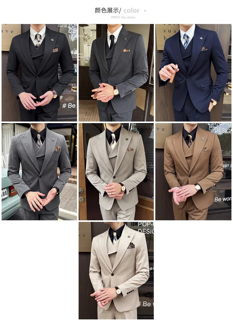 (Jackets+Pants+Vest) High Quality Men Slim Fit Party Tuxedos 3 Pieces Fashion Double Breasted Vest Design Wedding Social Suit